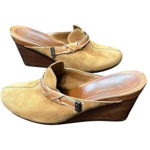 Cole Haan Suede Mules Wood Wedge 3.5" Heel Clogs Slip-Ons Tan Shoes Brazilian‎